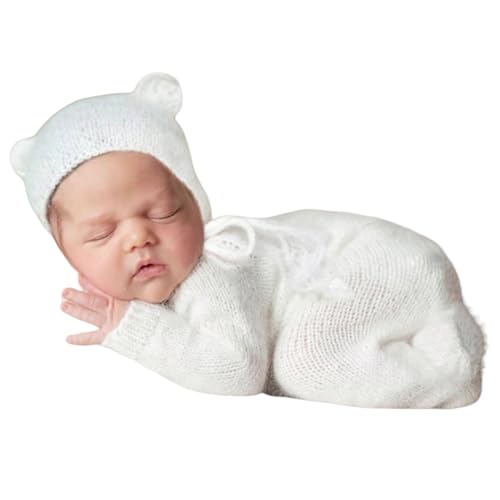 Newborn Baby Photo Shoot Props Girl Boy Crochet Knit Hat Costume Stripe Hat Pants Overalls Photography Props - color: White C