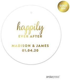 Andaz Press Personalized Round Circle Wedding Gift Tags, Metallic Gold Ink, Happily Ever After, 24-Pack, Custom Made Any Name