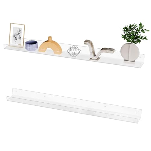 36'' Clear Acrylic Wall Long Shelf 2 Pack, Acrylic Floating Book Shelves, Wall Mounting Invisible Ledge Book Shelf - color: Clear, size: 36 Inch