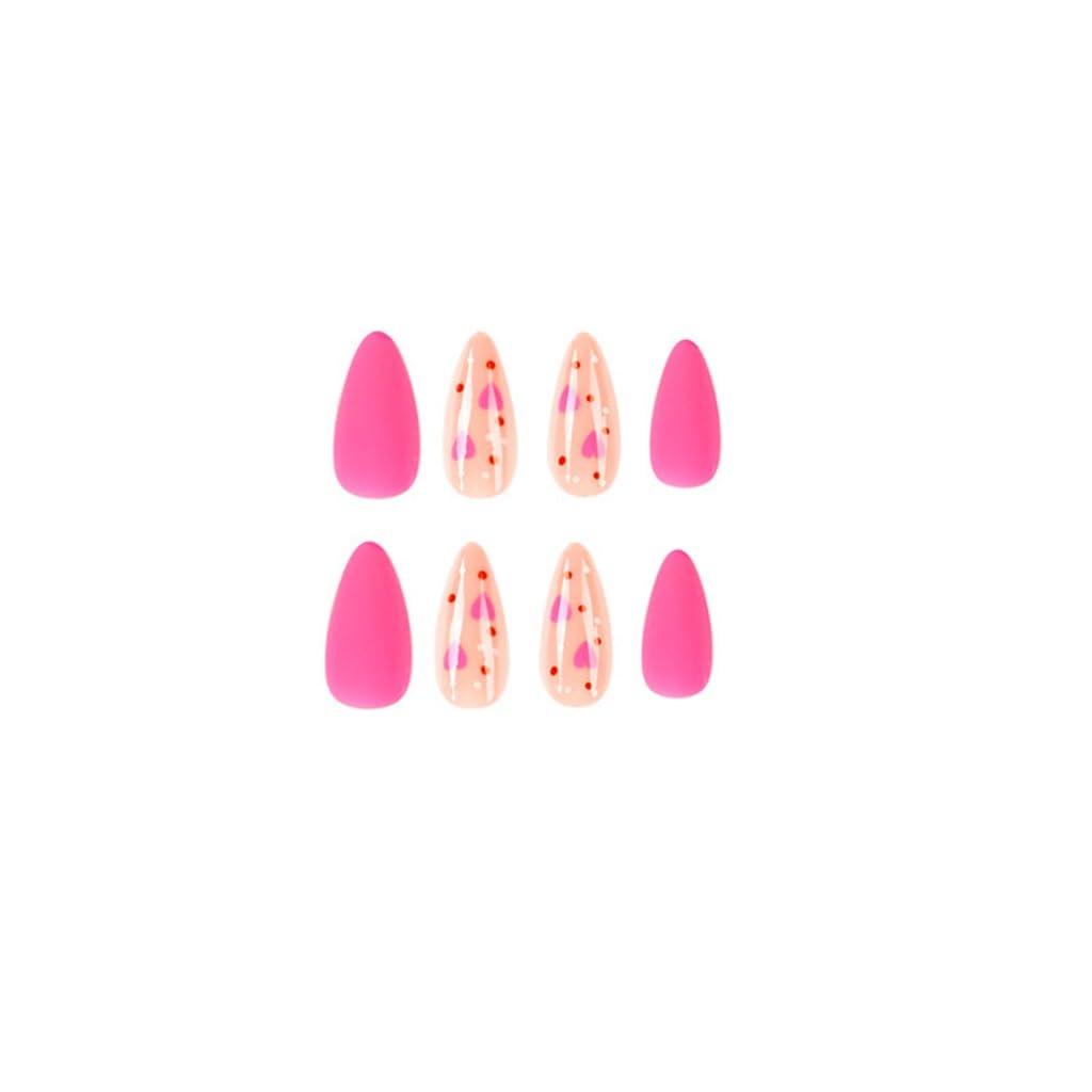 CTTHNBD Press on Nails Almond - Medium Fake Nails with Heart Design - Pink, Matte Full Cove Stick on False Nails for Women 24 Pcs