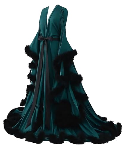 Feather Silk Satin Bridal Robe Long Wedding Scarf Illusion Bathrobe Sleepwear for Women Sexy Lingerie Nightgown - color: Teal, size: Large-X-Large