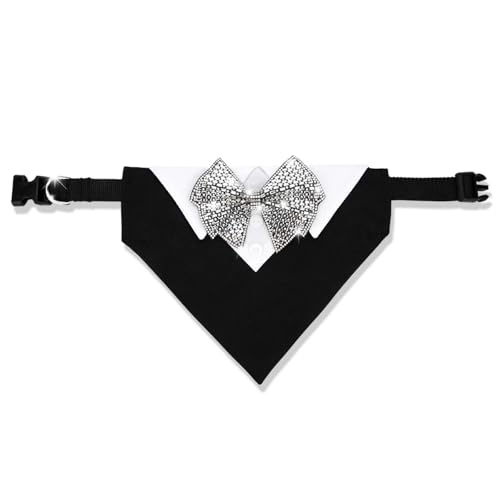 Dog Bandana Collar for Leashes Rhinestone Bow Tie Formal Tuxedo Pet Scarf Adjustable Neckwear with D Ring and Quick Release Buckle for Medium Dogs Wedding Holiday Party (Medium) - size: Medium