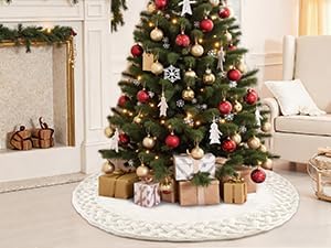 TOCHGREEN White Knitted Christmas Tree Skirt 36 inches Chunky Cable Knit Thick Rustic Christmas Tree Mat Farmhouse Decor Xmas Tree Base Cover for Home Holiday New Year Party Decor (White, 36inch)