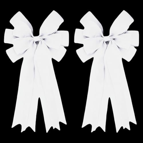 Meseey Double Pack 20X10 Inch Oversized White Burlap Bows Farmhouse Christmas Tree Topper & All-Weather Wreaths Decor, Heavy Duty Gift Wrapping Accents for Front Door/Cabinet (White)