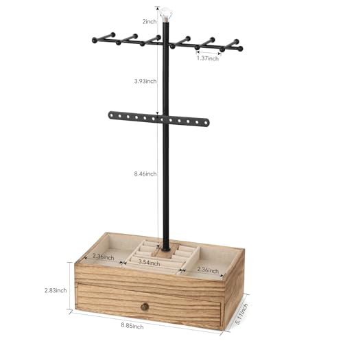 Meangood Jewelry Organizer Stand, 3-Tier Necklace Holder Jewelry Tree with Wooden Storage Drawer Box for Necklace Bracelet Earring Ring, Carbonized Black - color: Carbonized Black