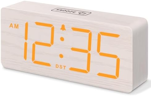 DreamSky Wooden Digital Alarm Clock for Bedroom with Large Numbers | Loud Alarm Clock for Heavy Sleepers with Volume Control, Desk Clocks for Living Room, Dimmer, DST, Wood Decor (Plug in Clock)