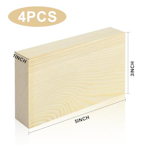 Unfinished Wood Blocks for Crafting, 3X5X1 Inch Wood Carving Blocks, 4 Pcs Solid Wood Blocks for Craft DIY Wood Carving Painting Wall Decorations for Beginners and Adults - size: 3x5x1 Inch