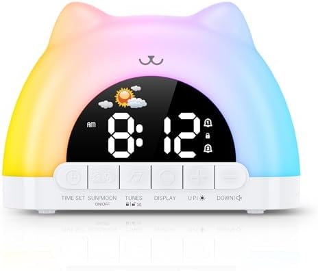 Kids Alarm Clock, Wake Up Clock with 11 Colors Night Light, Toddlers Sleep Training Clocks with 10 Ringtones, Brightness Adjustment, Dual Alarms Plug in OK to Wake Clocks for Girls Boys