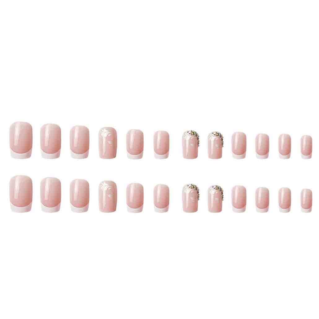 Foccna Pink Press on Nails Medium, Bling White Fake Nails Square Acrylic False Nails,French Artificial Nails for Women and Girls,24 pcs