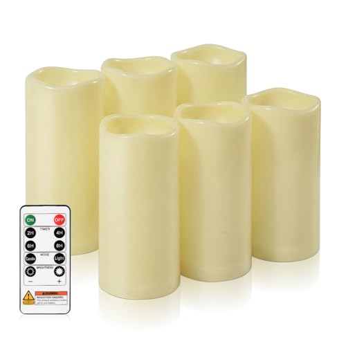 Homemory 3" x 6" Waterproof Flameless Candles, Outdoor Indoor Battery Operated LED Pillar Candles with Remote Control and Timer, Plastic, Long Lasting, Set of 6 - size: Set of 6,3"x6"