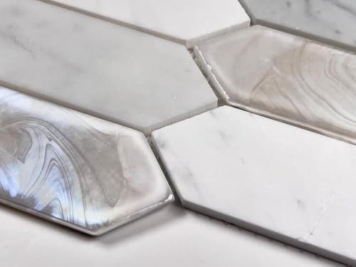Andalucia White Pearl Hex Picket Iridescent Glass Stone Marble Mosaic Tile - Textured Multi-Surface for Backsplash, Shower Walls, Bathroom, Accent Decor (5 Sheets) - style: 5 Sheets