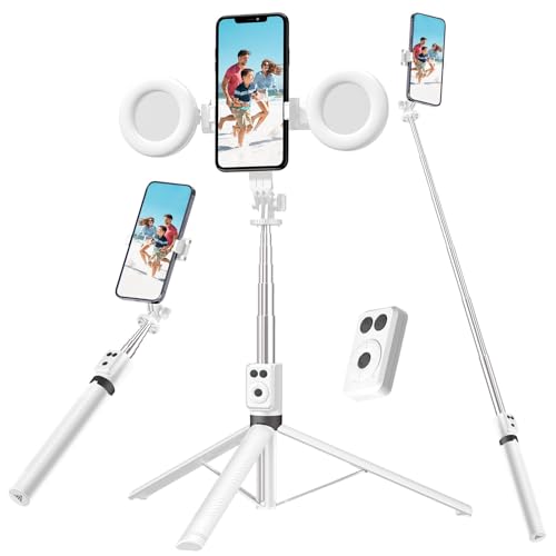 Selfie Stick Tripod with Fill Light, Phone Selfie Stick,Durable Stainless Steel Design,Bluetooth Remote Control,and Stable Three-Legged Support for Live Broadcasts,Video Shooting (White) - color: White