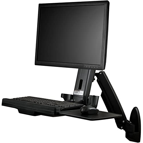 StarTech.com Wall Mount Workstation - Articulating Full Motion Standing Desk with Ergonomic Height Adjustable Monitor & Keyboard Tray Arm - Mouse & Scanner Holders - Single VESA Display, TAA - color: Black, style: Wall Mount – Spring Arm