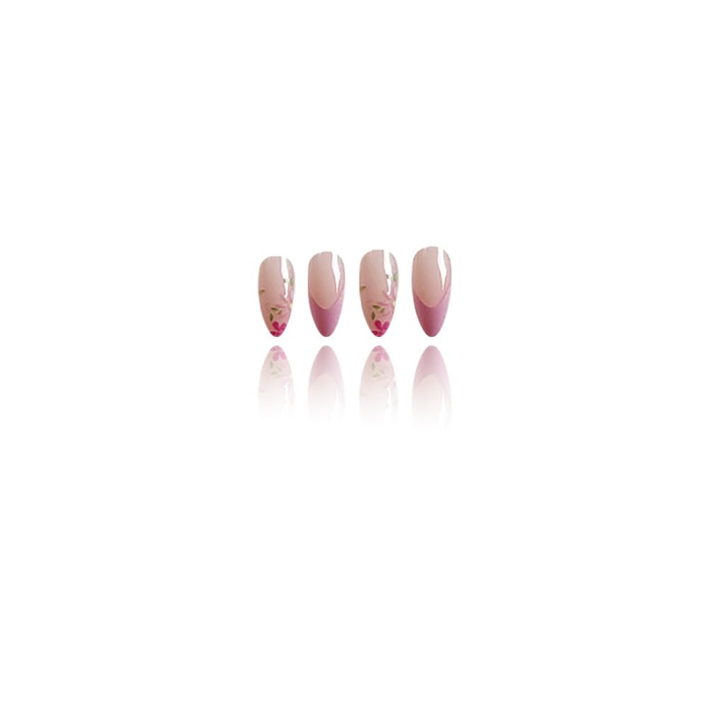 Pink French tips Press on Nails Medium Almond Fake Nails with Design Pink Flower Glue on Nails Glossy Daisy Fall Nails Reusable Summer False Nails for Women Girls Manicure 24pcs