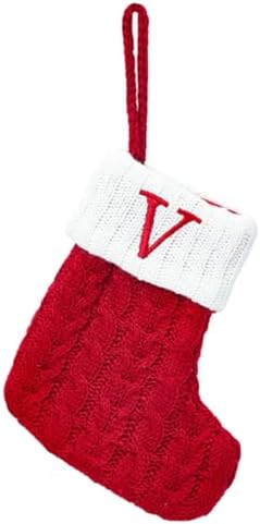 Christmas Stocking Monogram Hanging Socks 7??5.5 Inch Knit Small Sock Hanging Ornament Gift Bags for Xmas Tree Fireplace Home Decoration (V)