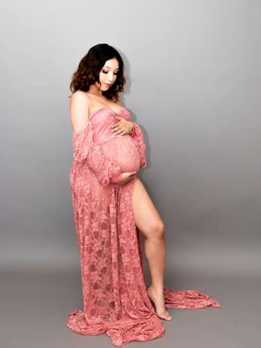 Saslax Soft Stretchy Lace Off Shoulder Doubly Split A-line Skirt Maternity Dress Pregnancy Maxi Gown for Photoshoot - color: Antique Rose, size: Small