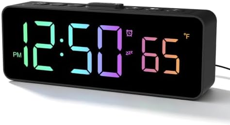 Netzu 2-in-1 Digital Alarm Clocks for Living Room Bedroom | Small Clock with Temperature & Time Display - RGB Display, 4 Levels & off Birghtness, 3 Volumes, Plug-in Use, Compact, Snooze