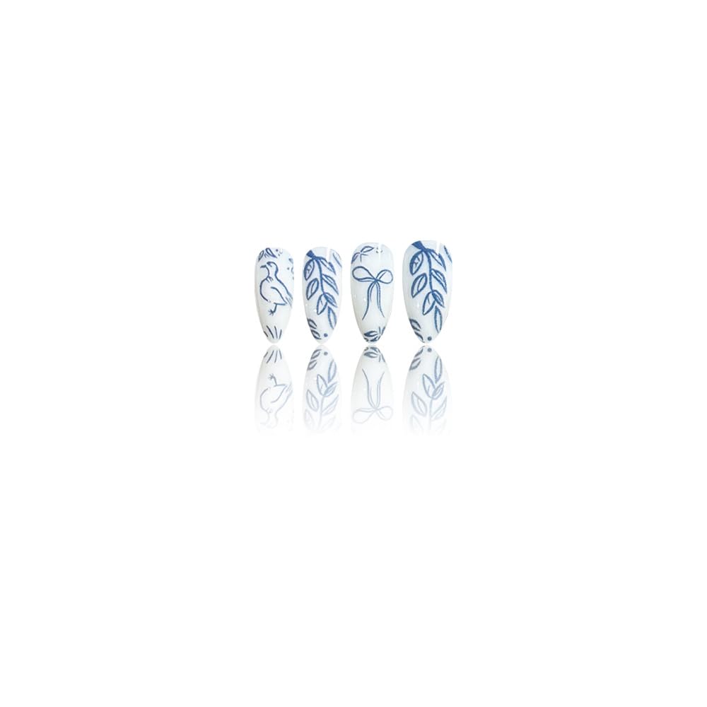 Mkwntg 24Pcs Blue Flower Press on Nails Medium Almond Fake Nails Spring White Blue Plants Acrylic False Nails Cute Bow Nude Full Cover Glue on Nails White Porcelain Glossy Stick on Nails for Women