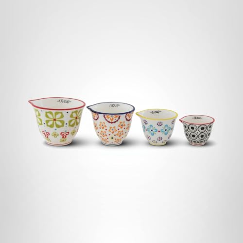 Creative Co-Op Floral Hand Stamped Stoneware Measuring Cups (Set of 4 Sizes/Designs)