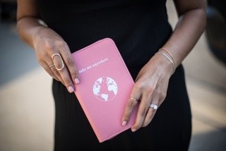 Phone Charging Passport Holder with Removable Fast Charging Power Bank that holds money, cards, phone, travel docs- RFID Blocking - Compatible with All Phones - Travel Accessories (Blush)