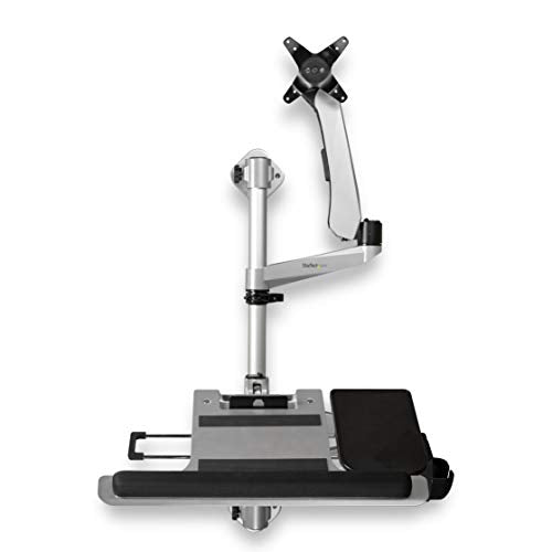 StarTech.com Wall Mount Workstation - Articulating Standing Desk w/Ergonomic Height Adjustable Monitor Arm & Padded Keyboard Tray - 34" VESA Display - Foldable Wall Mounted Sit Stand, TAA - color: Silver, style: Wall Mount – Pole