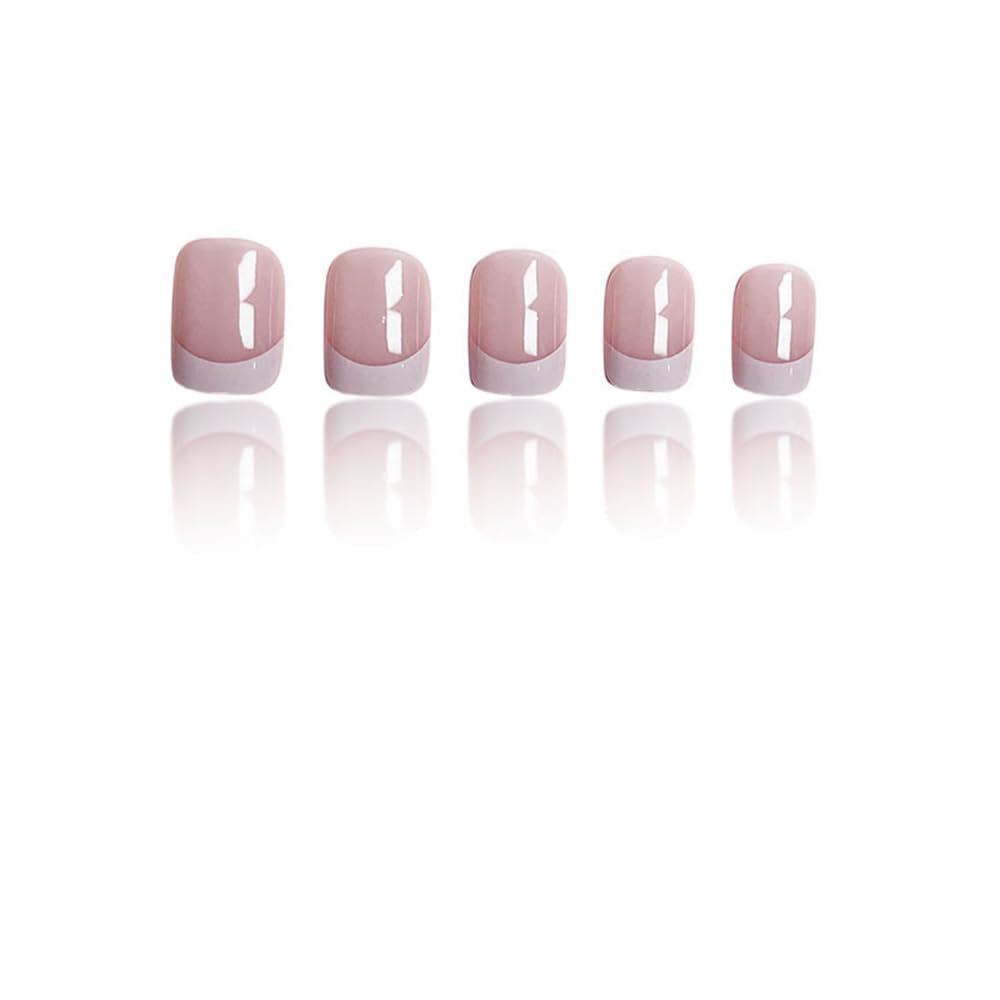 24Pcs French Tip Press on Nails Short Square Fake Nails Glossy Nude Pink False Nails Reusable Full Cover Stick on Nails Acrylic Nails Cute Matte Artificial Fingernails Glue on Nails for Women