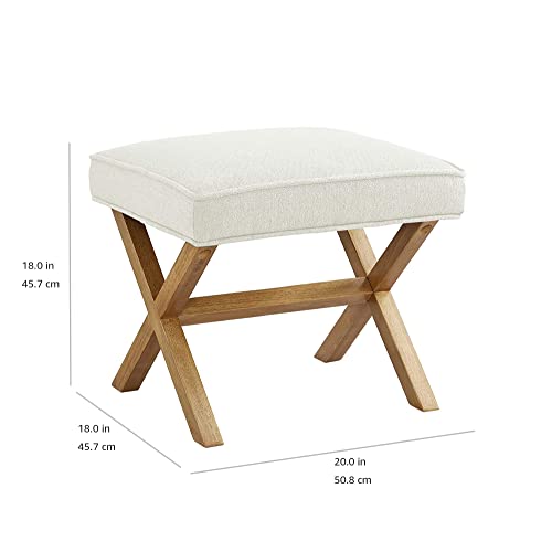 Amazon Basics Small Ottoman Foot Rest, Mid-Century Modern X Square Polyester Foot Stool, Linen, Ivory White, 18"D x 19.8"W x 18.3"H