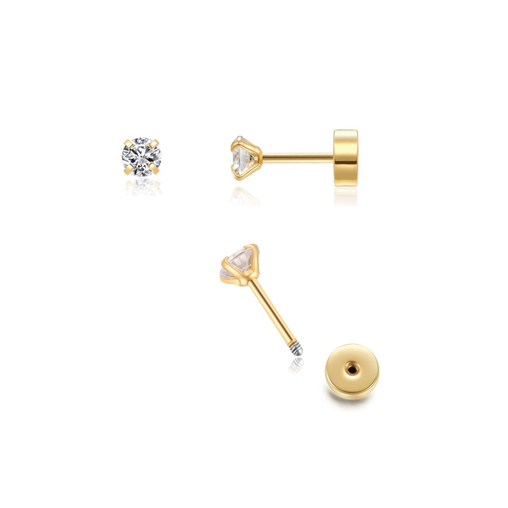 Tiny Flatback 2mm CZ Stud Earrings,Flat Screw Back Cubic Zirconia Earrings Helix Earrings Cartilage Tragus Piercing Jewelry Gift for Women(2mm CZ, 14K Gold)