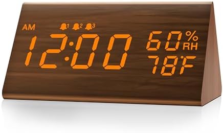 JALL Wooden Digital Alarm Clock for Bedrooms and Office, 3 Alarms with Big Digits, Humidity and Temperature Display, 6-Level Dimmer, Snooze, Loud Desk Clock for Heavy Sleepers, Plug in (Brown)