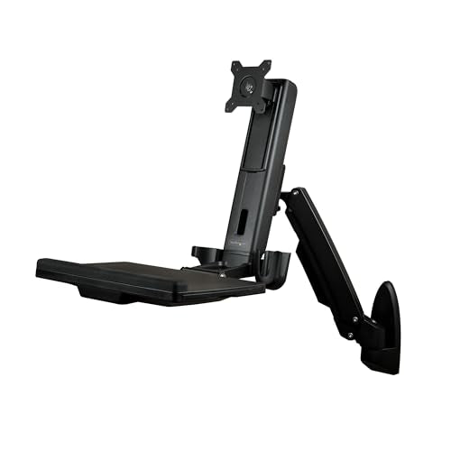StarTech.com Wall Mount Workstation - Articulating Full Motion Standing Desk with Ergonomic Height Adjustable Monitor & Keyboard Tray Arm - Mouse & Scanner Holders - Single VESA Display, TAA - color: Black, style: Wall Mount – Spring Arm