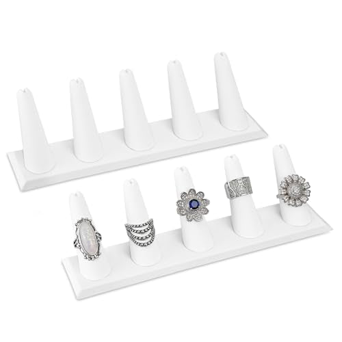 MOOCA 2 Pcs Set Ring Organizer for Showcase Display Drawer 5 Long Ring Storage Holder Jewelry Display Stands Showcase Jewelry Storage Counter, White Leatherette, 8 W x 2 1/8 D x 2 1/2 H in - color: 2) White Faux Leather