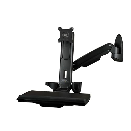 StarTech.com Wall Mount Workstation - Articulating Full Motion Standing Desk with Ergonomic Height Adjustable Monitor & Keyboard Tray Arm - Mouse & Scanner Holders - Single VESA Display, TAA - color: Black, style: Wall Mount – Spring Arm
