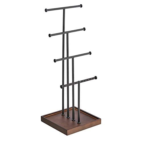Amazon Basics Four-Tier Jewelry Organizer Tree Stand, Necklace Earring Bracelet Holder with Ring Storage, Walnut/Black - color: Walnut/Black, style: Tree Stand