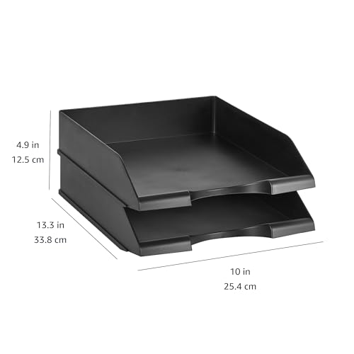 Amazon Basics Rectangular Stackable Desk Organizer Office Letter Tray, File Storage, Paper Organizer, Black, 2-Pack
