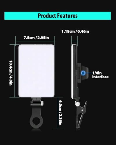 60 LED Portable Selfie Light Video Conference Lighting with Clip & Camera Tripod Adapter Rechargeable 2000mAh CRI 97+, 3 Light Modes for Phone iPhone Webcam Laptop Photo Makeup (Black)