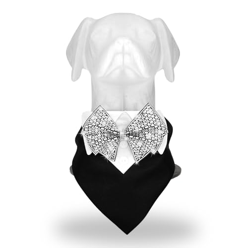 Suavifurri Dog Bandana Collar for Leashes Rhinestone Bow Tie Formal Tuxedo Pet Scarf Adjustable Neckwear with D Ring and Quick Release Buckle for Large Dogs Wedding Birthday Holiday Outfit (Large) - size: Large