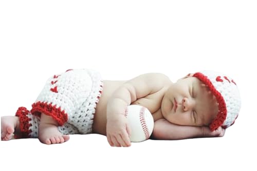 Newborn Baby Photo Shoot Props Girl Boy Crochet Knit Hat Costume Stripe Hat Pants Overalls Photography Props - color: Red and White