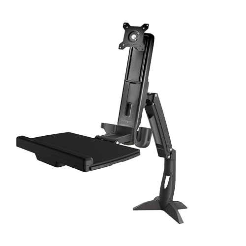 StarTech.com Sit Stand Monitor Arm - Desk Mount Adjustable Sit-Stand Workstation Arm for Single 27" VESA Mount Display - Ergonomic Articulating Standing Desk Converter with Keyboard Tray, TAA - color: Black, style: Desk Mount – Spring Arm