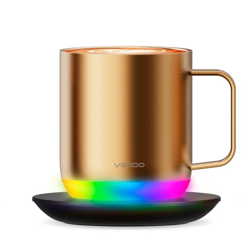 Vsitoo S6 Plus Smart Coffee Mug, 12oz,Temperature Controlled Mug & Electric Coffee Mug with Music Sync Lights，Auto-Sensing AI Heats Drinks to 120-150°F Hands-Free. Ideal for Home/Office/Gifts - Gold - color: Gold