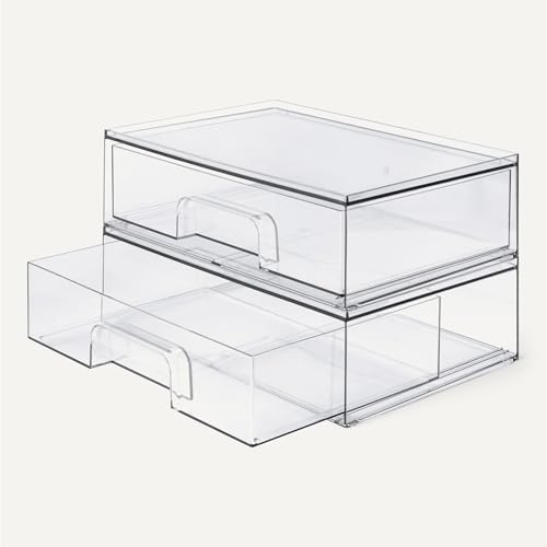 Amazon Basics Stackable Plastic Storage Makeup Organizer Drawers, Clear, 12.1" x 7.6" x 3.5", 2 Pack - size: 3.5" X 12.1" X 7.6"