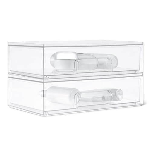 Amazon Basics Stackable Plastic Storage Makeup Organizer Drawers, Clear, 12.1" x 7.6" x 3.5", 2 Pack - size: 3.5" X 12.1" X 7.6"