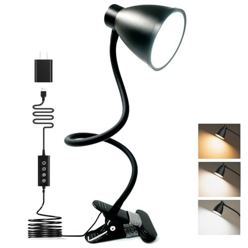 BOHON Desk Lamp 5 Color Modes 10 Brightness Dimmer Reading Light 10W 38 LED Clamp Lamp with Auto Off Timer 360° Flexible Neck Clip on Light for Bed Bedside, AC Adapter Include - color: Black