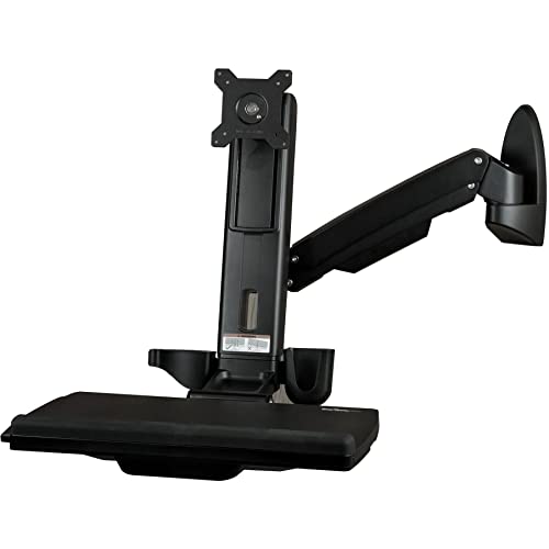 StarTech.com Wall Mount Workstation - Articulating Full Motion Standing Desk with Ergonomic Height Adjustable Monitor & Keyboard Tray Arm - Mouse & Scanner Holders - Single VESA Display, TAA - color: Black, style: Wall Mount – Spring Arm
