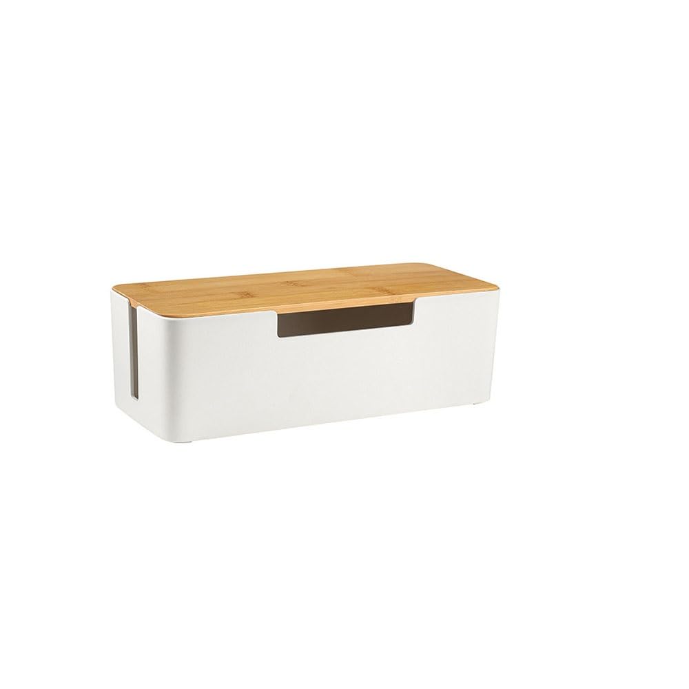 BUYSK ABS Cord Organizer Box with Wooden Lid, Cable Management Box for Power Strips or Surge Protectors, Desk Cable Tidy Box for Office Home(White)