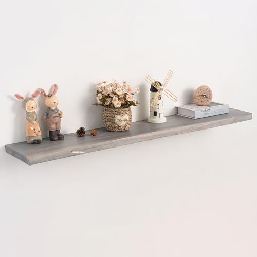 Live Edge Floating Shelf, 48 Inch Solid Elm Wood - Weathered Gray Rustic Wood Wall Shelf with Invisible Brackets for Living Room, Kitchen, Bathroom - color: Driftwood Gray, size: 48"L, 1-Pack