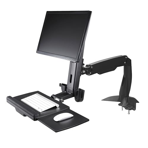 StarTech.com Sit Stand Monitor Arm - Desk Mount Adjustable Sit-Stand Workstation Arm for Single 27" VESA Mount Display - Ergonomic Articulating Standing Desk Converter with Keyboard Tray, TAA - color: Black, style: Desk Mount – Spring Arm