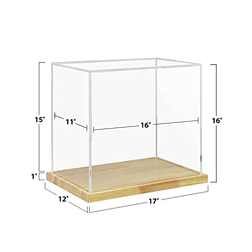 Clear Acrylic Display Case with Solid Wood Base for Trophy, Collectibles, Assemble Cube Display Box Stand Dust Proof Protection Showcase for Action Figures Toys - by BenchPro - size: 16" H x 17" L x 12" D, style: 1" Thick Wood