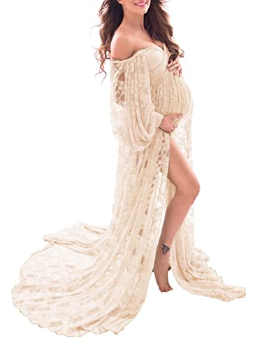 Saslax Soft Stretchy Lace Off Shoulder Doubly Split A-line Skirt Maternity Dress Pregnancy Maxi Gown for Photoshoot - color: Champagne, size: Medium