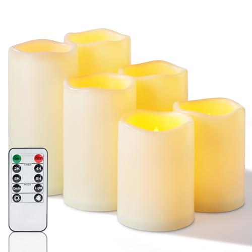 Homemory Waterproof Flameless Candles, Outdoor Indoor Battery Operated LED Pillar Candles with Remote Control and Timer, Plastic, Long Lasting, D3 x H4 4" 5" 5" 6" 6", Set of 6 - size: Set of 6