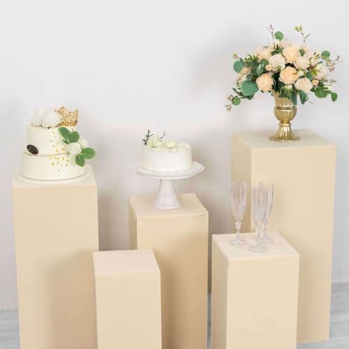 Efavormart Set of 5 Beige Spandex Rectangular Plinth Display Box Stand Covers, Stretchable Pedestal Pillar Prop Covers - 160 GSM